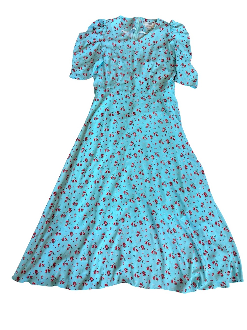 Galon De Blanc Aqua Floral Puff Sleeve Maxi Dress V Neck Ditsy Size 6 Women's